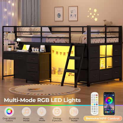 ADORNEVE Low Loft Bed Twin Size with Desk and 12 Storage Drawers Kids LED Loft Bed with Secret Fort and Safety Guardrails Loft Bed with Shelf and Slanted Ladder