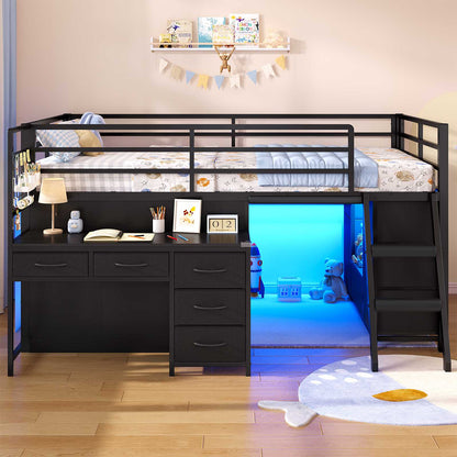 ADORNEVE Low Loft Bed Twin Size with Desk and 12 Storage Drawers Kids LED Loft Bed with Secret Fort and Safety Guardrails Loft Bed with Shelf and Slanted Ladder