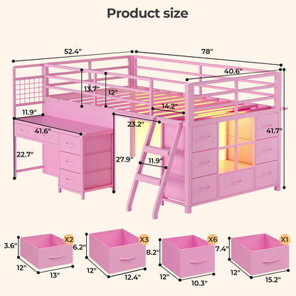 ADORNEVE Low Loft Bed Twin Size with Desk and 12 Storage Drawers Kids LED Loft Bed with Secret Fort and Safety Guardrails Loft Bed with Shelf and Slanted Ladder