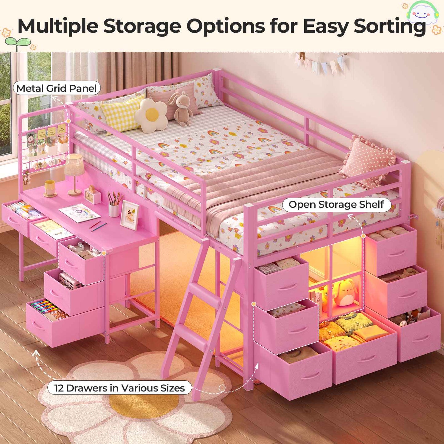 ADORNEVE Low Loft Bed Twin Size with Desk and 12 Storage Drawers Kids LED Loft Bed with Secret Fort and Safety Guardrails Loft Bed with Shelf and Slanted Ladder