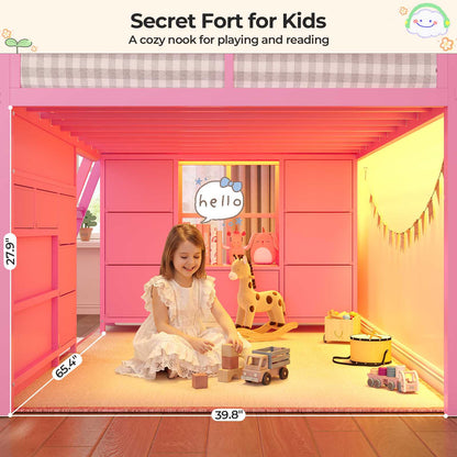 ADORNEVE Low Loft Bed Twin Size with Desk and 12 Storage Drawers Kids LED Loft Bed with Secret Fort and Safety Guardrails Loft Bed with Shelf and Slanted Ladder
