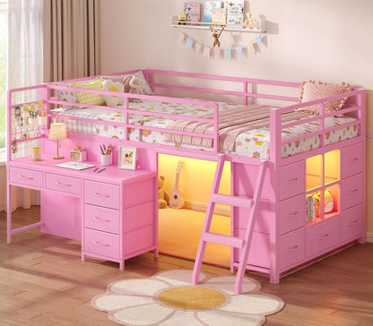 ADORNEVE Low Loft Bed Twin Size with Desk and 12 Storage Drawers Kids LED Loft Bed with Secret Fort and Safety Guardrails Loft Bed with Shelf and Slanted Ladder