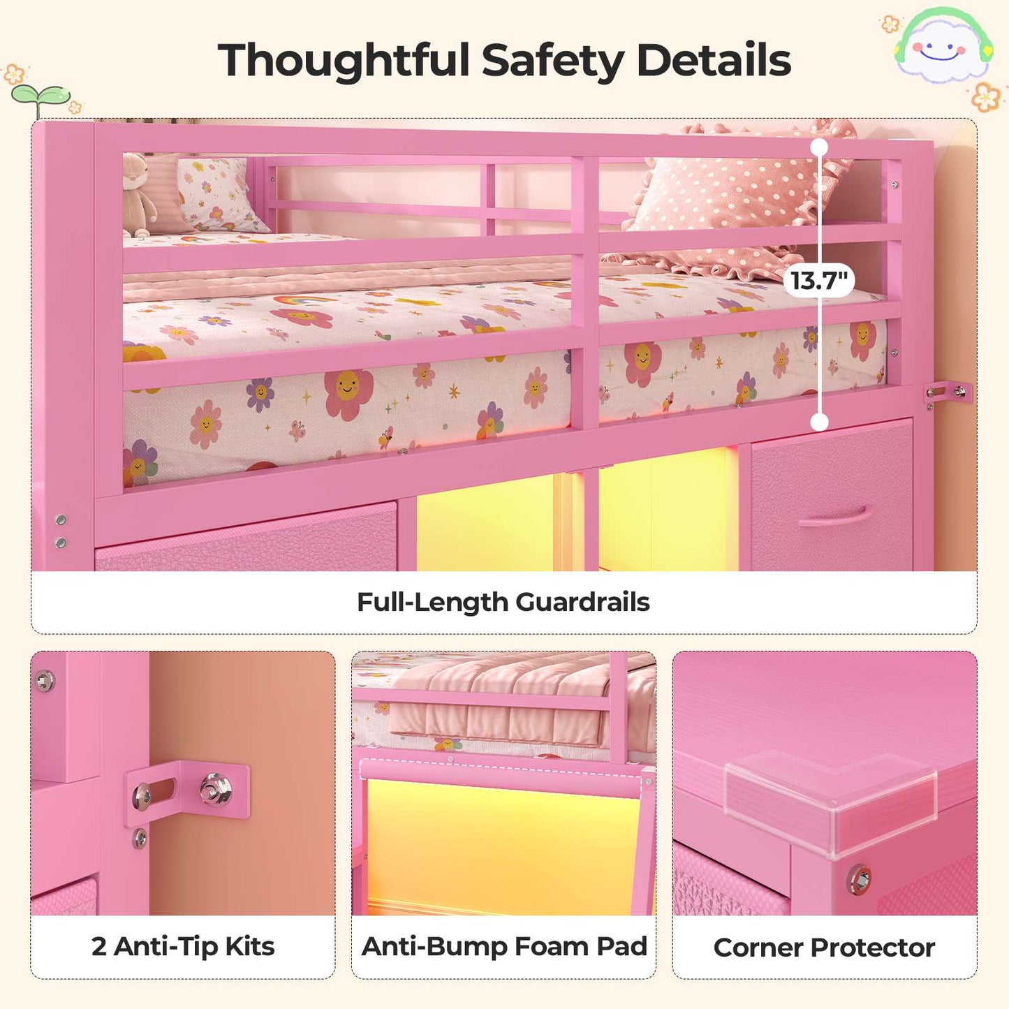 ADORNEVE Low Loft Bed Twin Size with Desk and 12 Storage Drawers Kids LED Loft Bed with Secret Fort and Safety Guardrails Loft Bed with Shelf and Slanted Ladder