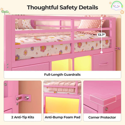 ADORNEVE Low Loft Bed Twin Size with Desk and 12 Storage Drawers Kids LED Loft Bed with Secret Fort and Safety Guardrails Loft Bed with Shelf and Slanted Ladder