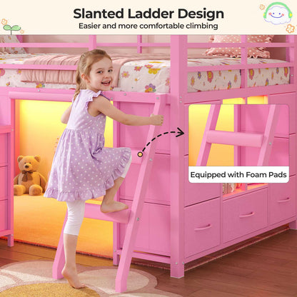 ADORNEVE Low Loft Bed Twin Size with Desk and 12 Storage Drawers Kids LED Loft Bed with Secret Fort and Safety Guardrails Loft Bed with Shelf and Slanted Ladder