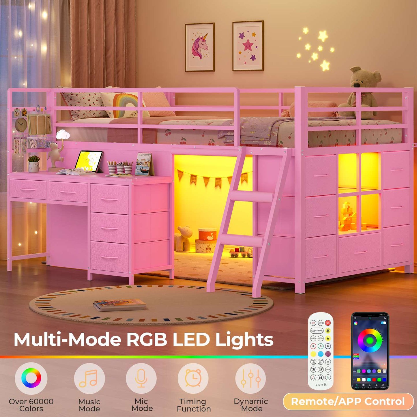 ADORNEVE Low Loft Bed Twin Size with Desk and 12 Storage Drawers Kids LED Loft Bed with Secret Fort and Safety Guardrails Loft Bed with Shelf and Slanted Ladder