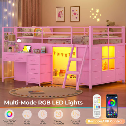 ADORNEVE Low Loft Bed Twin Size with Desk and 12 Storage Drawers Kids LED Loft Bed with Secret Fort and Safety Guardrails Loft Bed with Shelf and Slanted Ladder