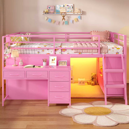 ADORNEVE Low Loft Bed Twin Size with Desk and 12 Storage Drawers Kids LED Loft Bed with Secret Fort and Safety Guardrails Loft Bed with Shelf and Slanted Ladder