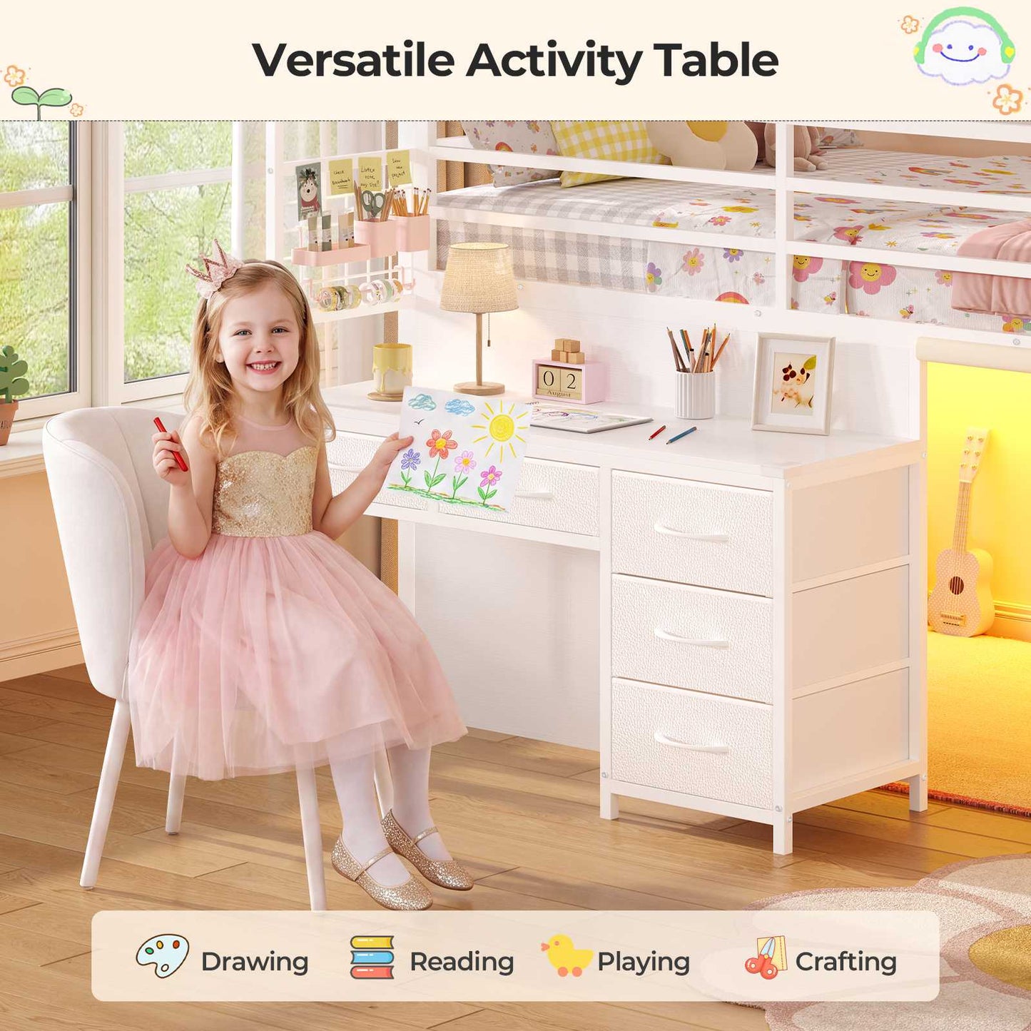 ADORNEVE Low Loft Bed Twin Size with Desk and 12 Storage Drawers Kids LED Loft Bed with Secret Fort and Safety Guardrails Loft Bed with Shelf and Slanted Ladder