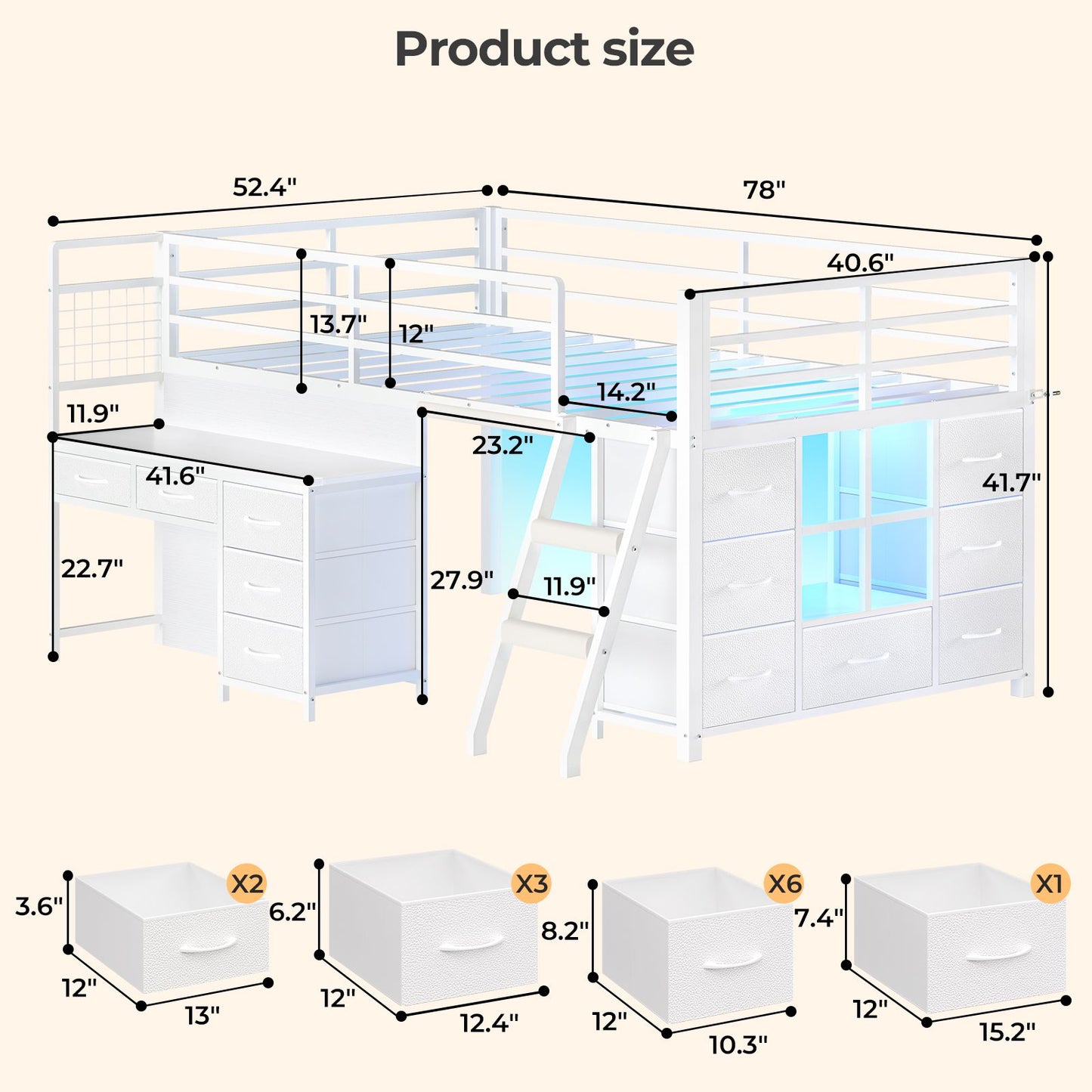 ADORNEVE Low Loft Bed Twin Size with Desk and 12 Storage Drawers Kids LED Loft Bed with Secret Fort and Safety Guardrails Loft Bed with Shelf and Slanted Ladder
