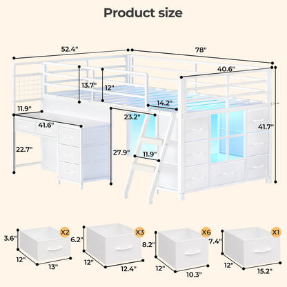 ADORNEVE Low Loft Bed Twin Size with Desk and 12 Storage Drawers Kids LED Loft Bed with Secret Fort and Safety Guardrails Loft Bed with Shelf and Slanted Ladder