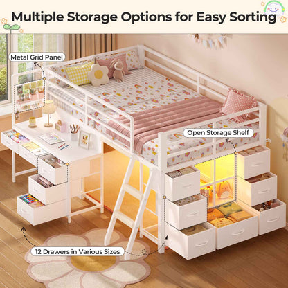 ADORNEVE Low Loft Bed Twin Size with Desk and 12 Storage Drawers Kids LED Loft Bed with Secret Fort and Safety Guardrails Loft Bed with Shelf and Slanted Ladder
