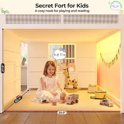ADORNEVE Low Loft Bed Twin Size with Desk and 12 Storage Drawers Kids LED Loft Bed with Secret Fort and Safety Guardrails Loft Bed with Shelf and Slanted Ladder
