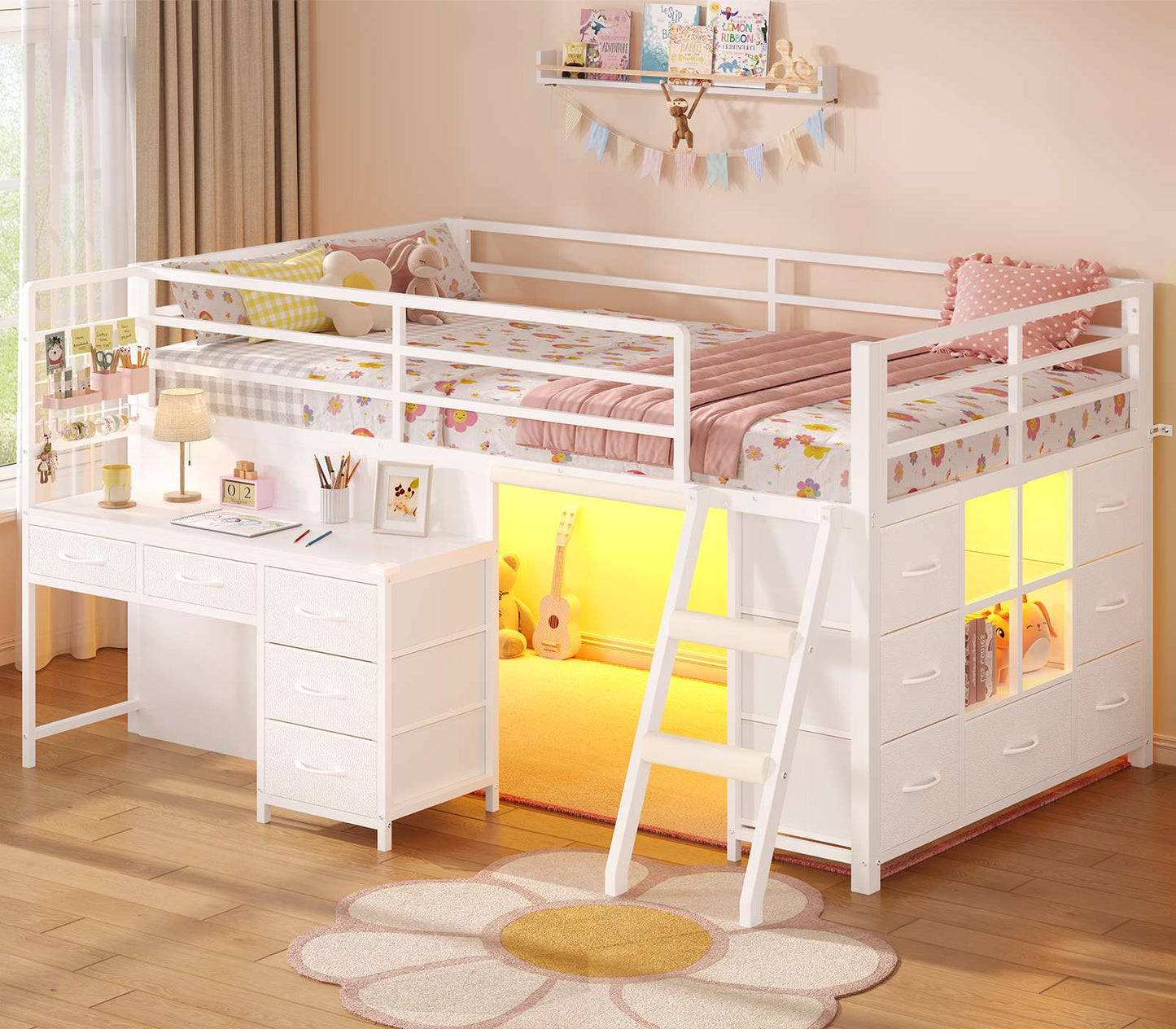 ADORNEVE Low Loft Bed Twin Size with Desk and 12 Storage Drawers Kids LED Loft Bed with Secret Fort and Safety Guardrails Loft Bed with Shelf and Slanted Ladder