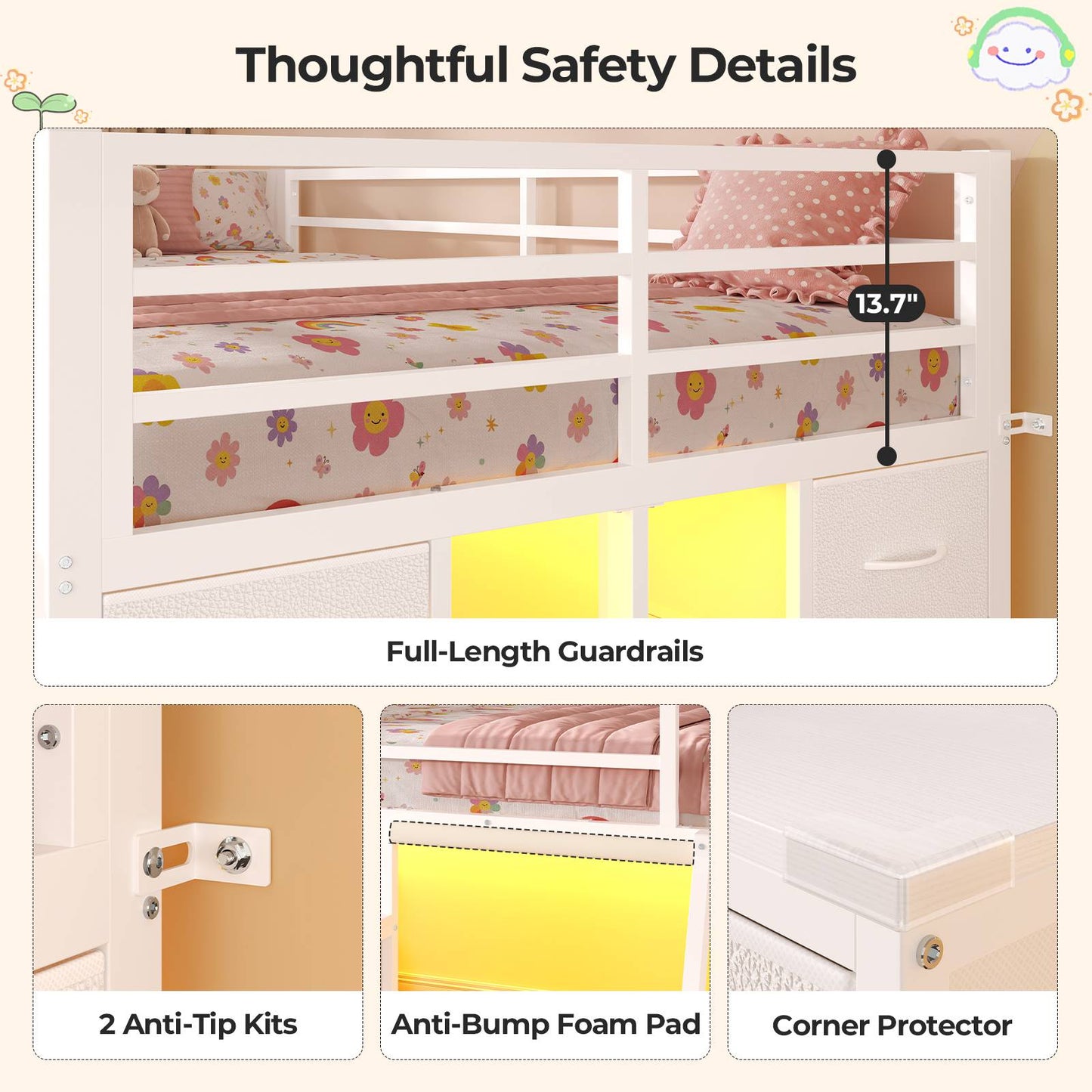 ADORNEVE Low Loft Bed Twin Size with Desk and 12 Storage Drawers Kids LED Loft Bed with Secret Fort and Safety Guardrails Loft Bed with Shelf and Slanted Ladder