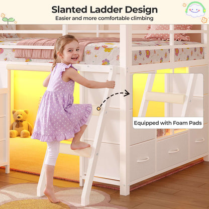 ADORNEVE Low Loft Bed Twin Size with Desk and 12 Storage Drawers Kids LED Loft Bed with Secret Fort and Safety Guardrails Loft Bed with Shelf and Slanted Ladder