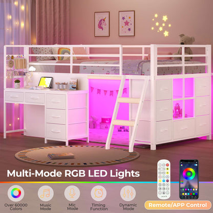 ADORNEVE Low Loft Bed Twin Size with Desk and 12 Storage Drawers Kids LED Loft Bed with Secret Fort and Safety Guardrails Loft Bed with Shelf and Slanted Ladder