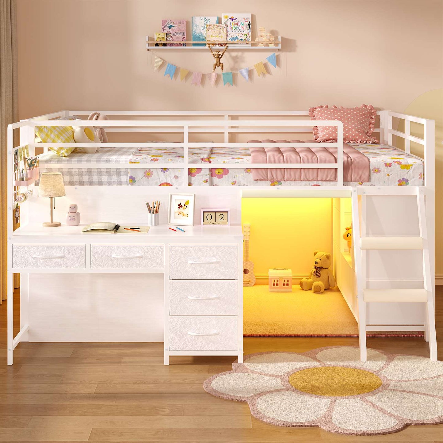 ADORNEVE Low Loft Bed Twin Size with Desk and 12 Storage Drawers Kids LED Loft Bed with Secret Fort and Safety Guardrails Loft Bed with Shelf and Slanted Ladder