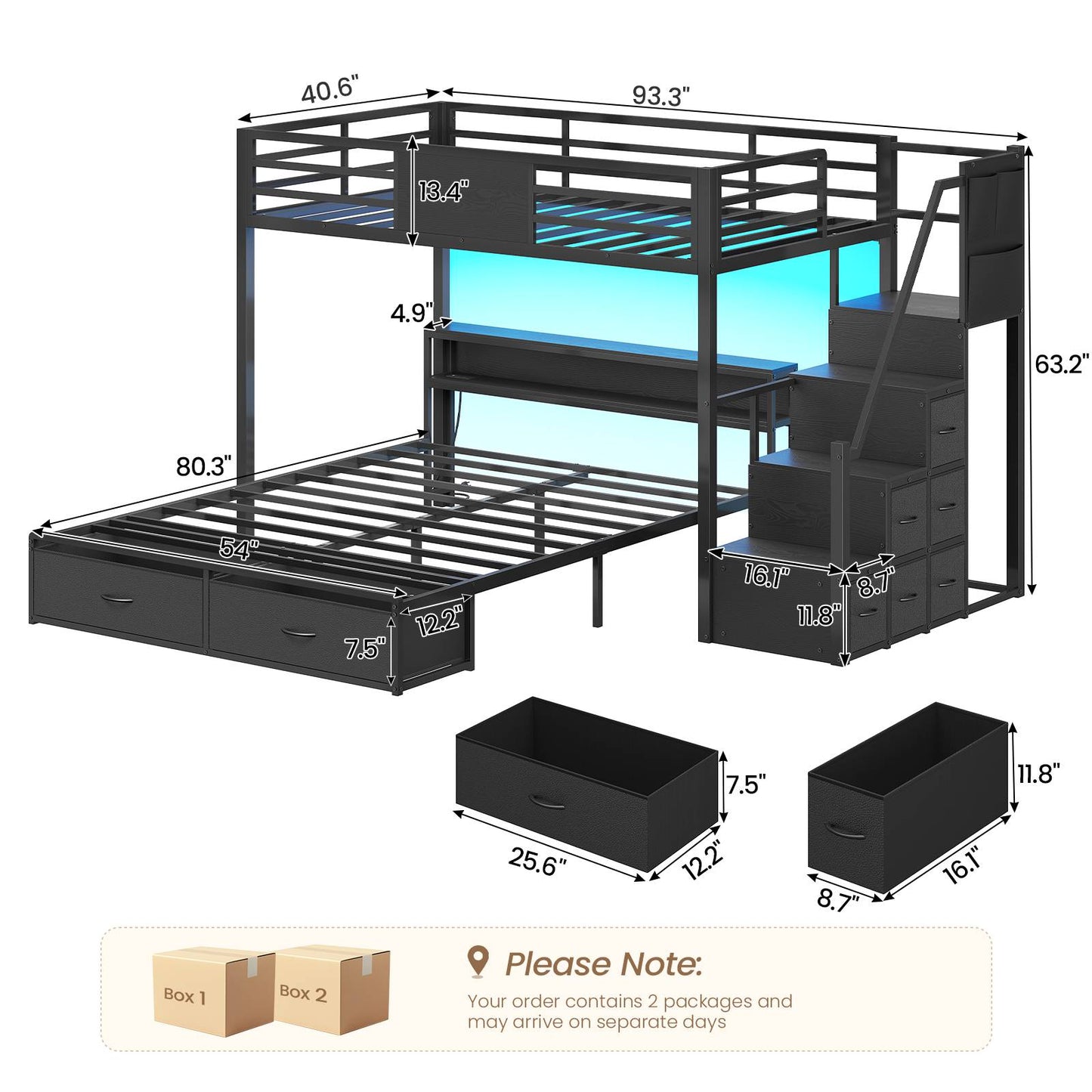 ADORNEVE Twin Over Full Bunk Bed with Storage Stairs and 8 Drawers LED Bunk Bed with  Charging Station and Hanging Area Full-length Guardrail
