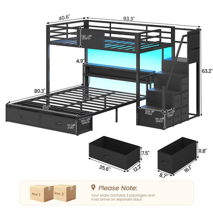 ADORNEVE Twin Over Full Bunk Bed with Storage Stairs and 8 Drawers LED Bunk Bed with  Charging Station and Hanging Area Full-length Guardrail