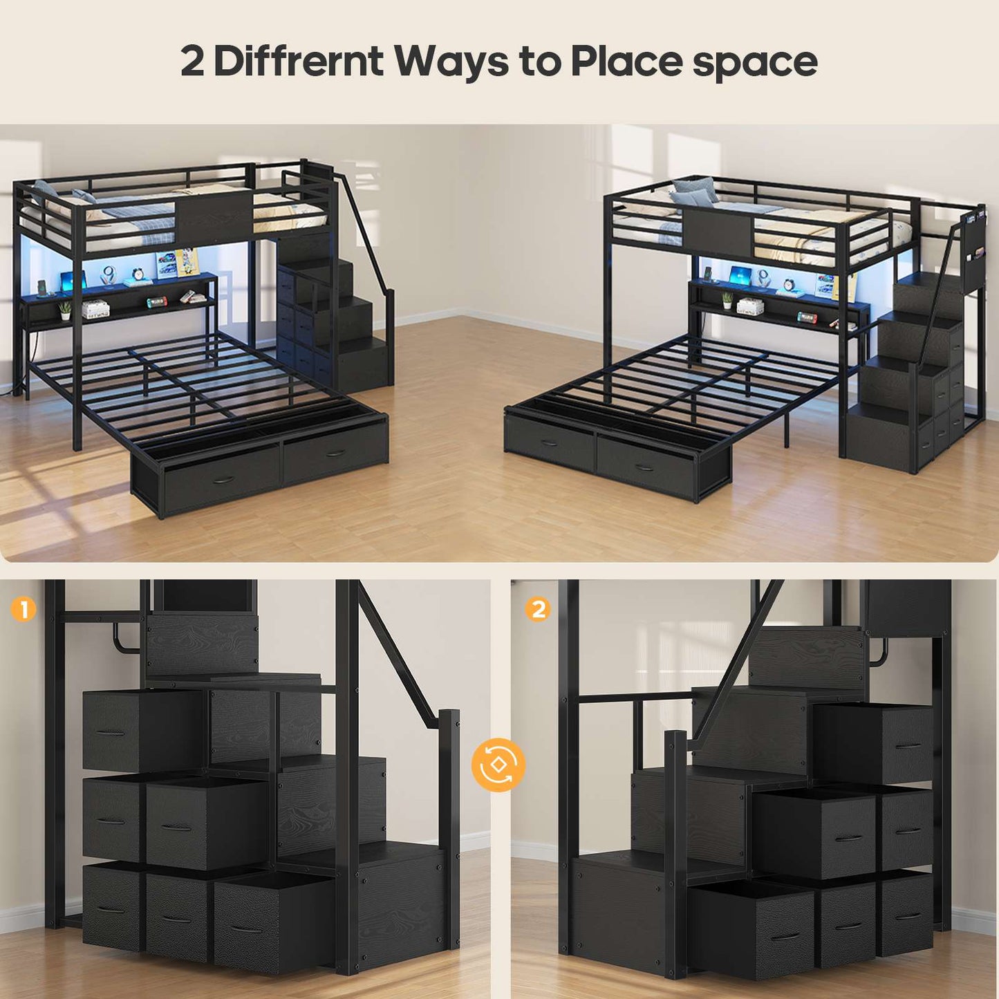 ADORNEVE Twin Over Full Bunk Bed with Storage Stairs and 8 Drawers LED Bunk Bed with  Charging Station and Hanging Area Full-length Guardrail