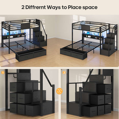 ADORNEVE Twin Over Full Bunk Bed with Storage Stairs and 8 Drawers LED Bunk Bed with  Charging Station and Hanging Area Full-length Guardrail
