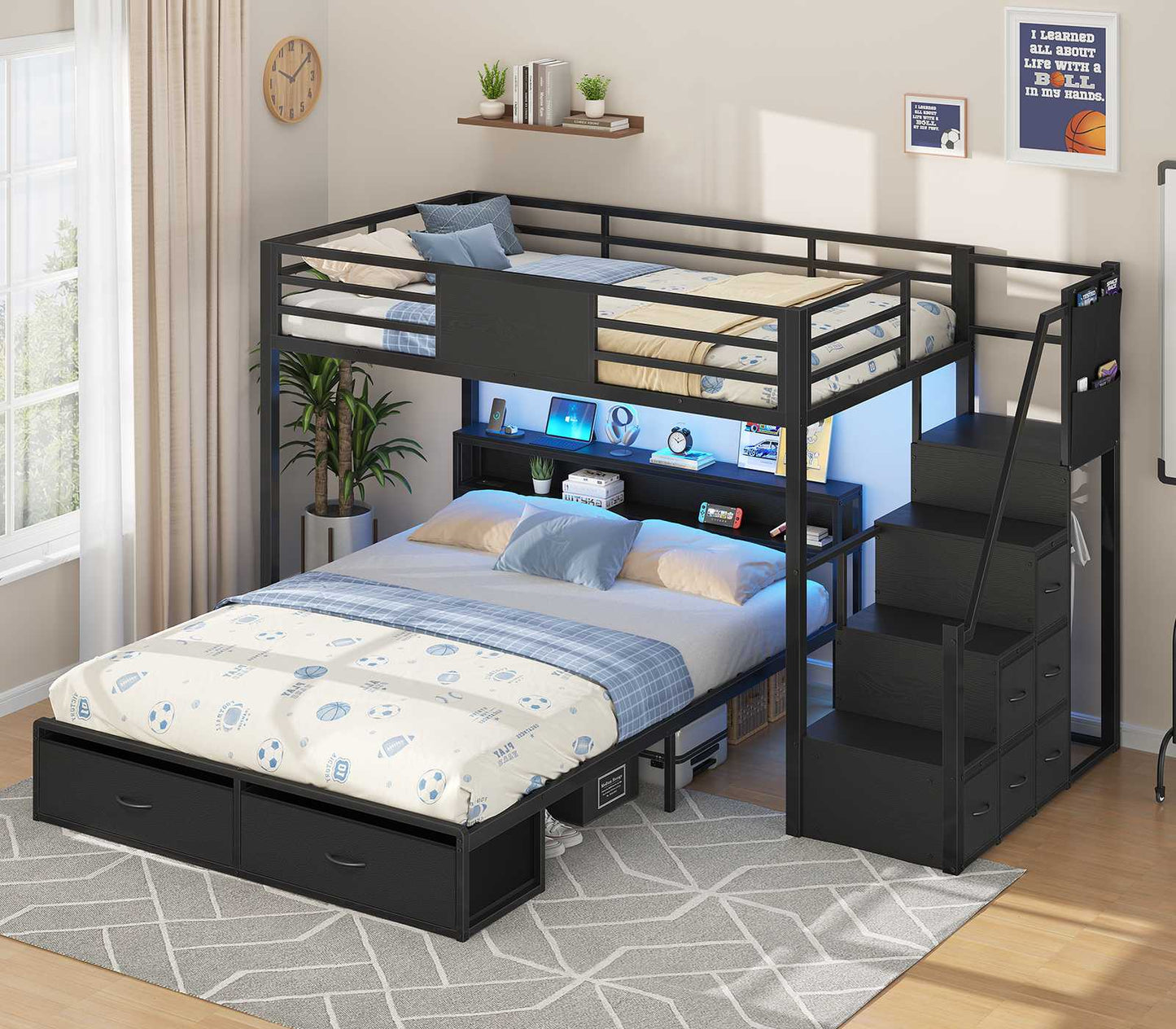 ADORNEVE Twin Over Full Bunk Bed with Storage Stairs and 8 Drawers LED Bunk Bed with  Charging Station and Hanging Area Full-length Guardrail