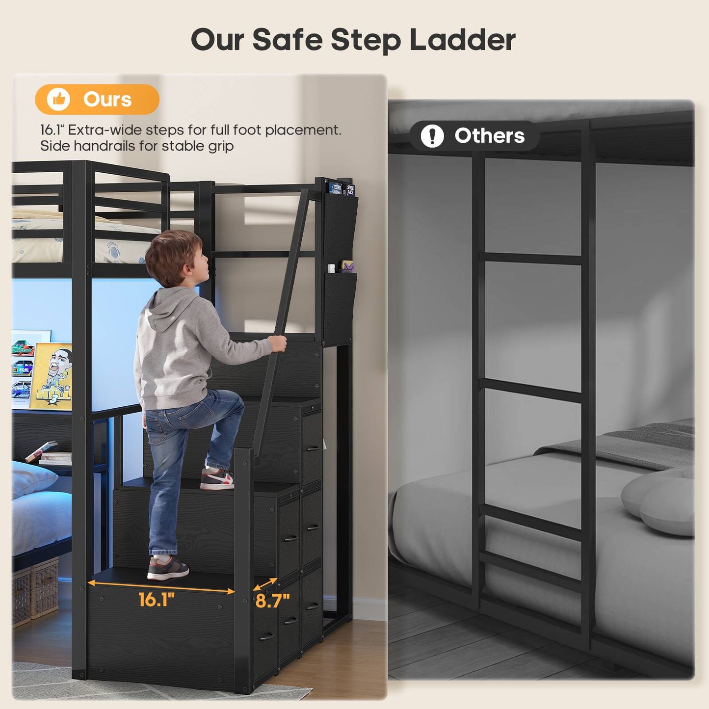 ADORNEVE Twin Over Full Bunk Bed with Storage Stairs and 8 Drawers LED Bunk Bed with  Charging Station and Hanging Area Full-length Guardrail
