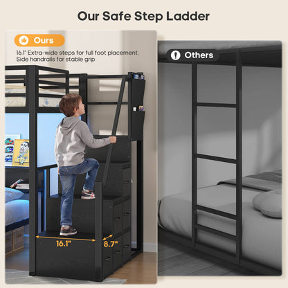 ADORNEVE Twin Over Full Bunk Bed with Storage Stairs and 8 Drawers LED Bunk Bed with  Charging Station and Hanging Area Full-length Guardrail