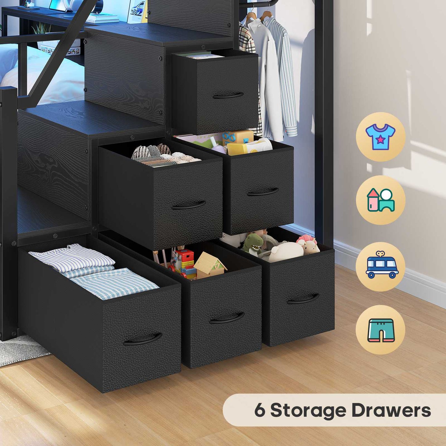 ADORNEVE Twin Over Full Bunk Bed with Storage Stairs and 8 Drawers LED Bunk Bed with  Charging Station and Hanging Area Full-length Guardrail