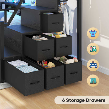 ADORNEVE Twin Over Full Bunk Bed with Storage Stairs and 8 Drawers LED Bunk Bed with  Charging Station and Hanging Area Full-length Guardrail