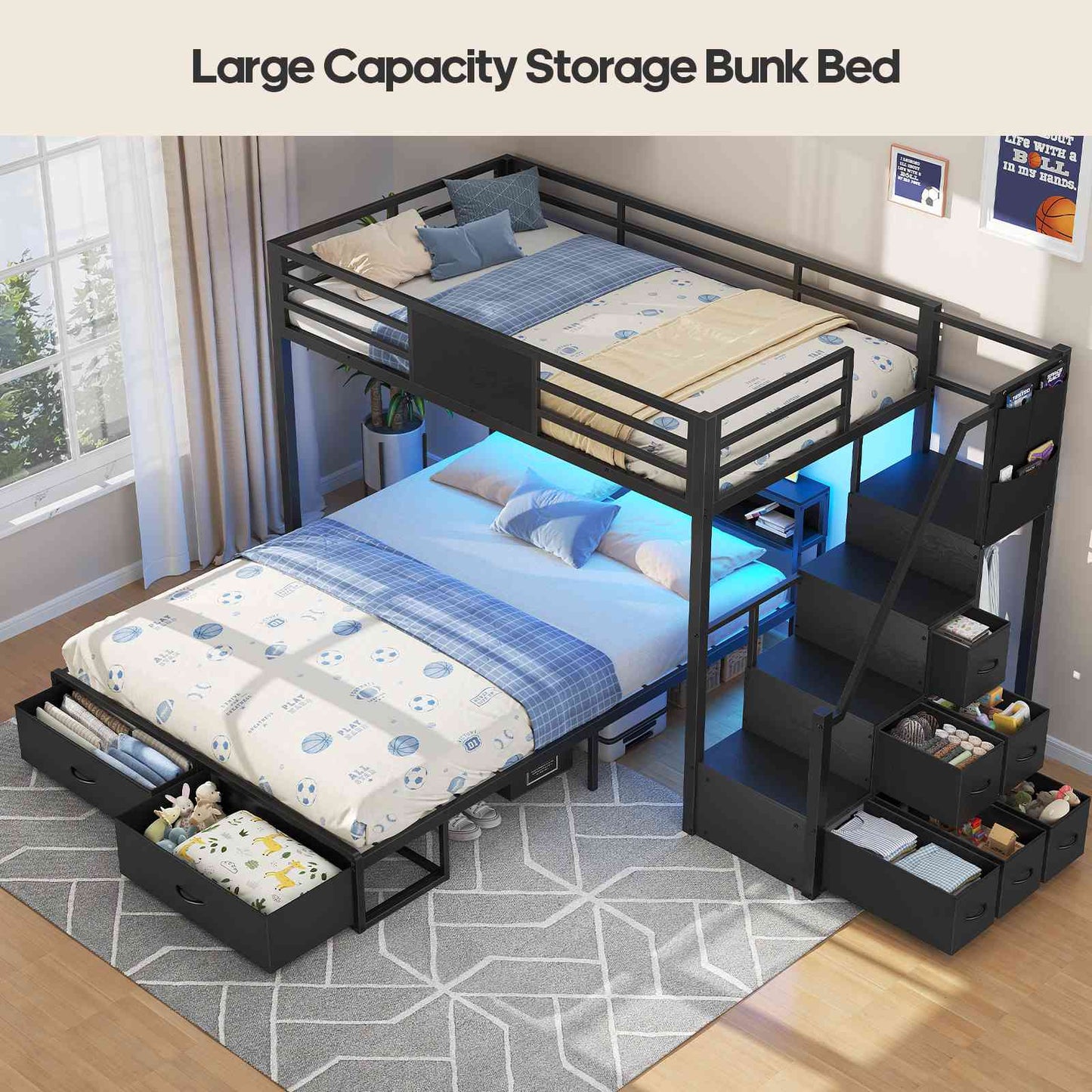ADORNEVE Twin Over Full Bunk Bed with Storage Stairs and 8 Drawers LED Bunk Bed with  Charging Station and Hanging Area Full-length Guardrail