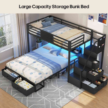 ADORNEVE Twin Over Full Bunk Bed with Storage Stairs and 8 Drawers LED Bunk Bed with  Charging Station and Hanging Area Full-length Guardrail