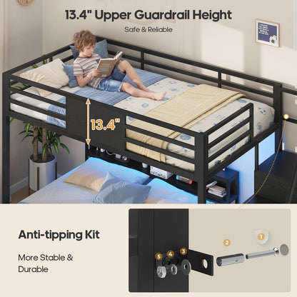 ADORNEVE Twin Over Full Bunk Bed with Storage Stairs and 8 Drawers LED Bunk Bed with  Charging Station and Hanging Area Full-length Guardrail