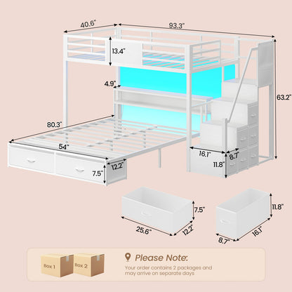 ADORNEVE Twin Over Full Bunk Bed with Storage Stairs and 8 Drawers LED Bunk Bed with  Charging Station and Hanging Area Full-length Guardrail