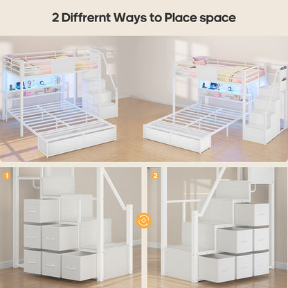 ADORNEVE Twin Over Full Bunk Bed with Storage Stairs and 8 Drawers LED Bunk Bed with  Charging Station and Hanging Area Full-length Guardrail