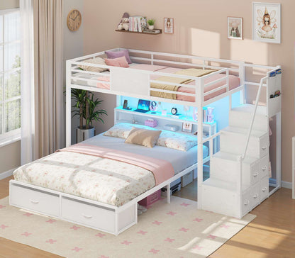 ADORNEVE Twin Over Full Bunk Bed with Storage Stairs and 8 Drawers LED Bunk Bed with  Charging Station and Hanging Area Full-length Guardrail