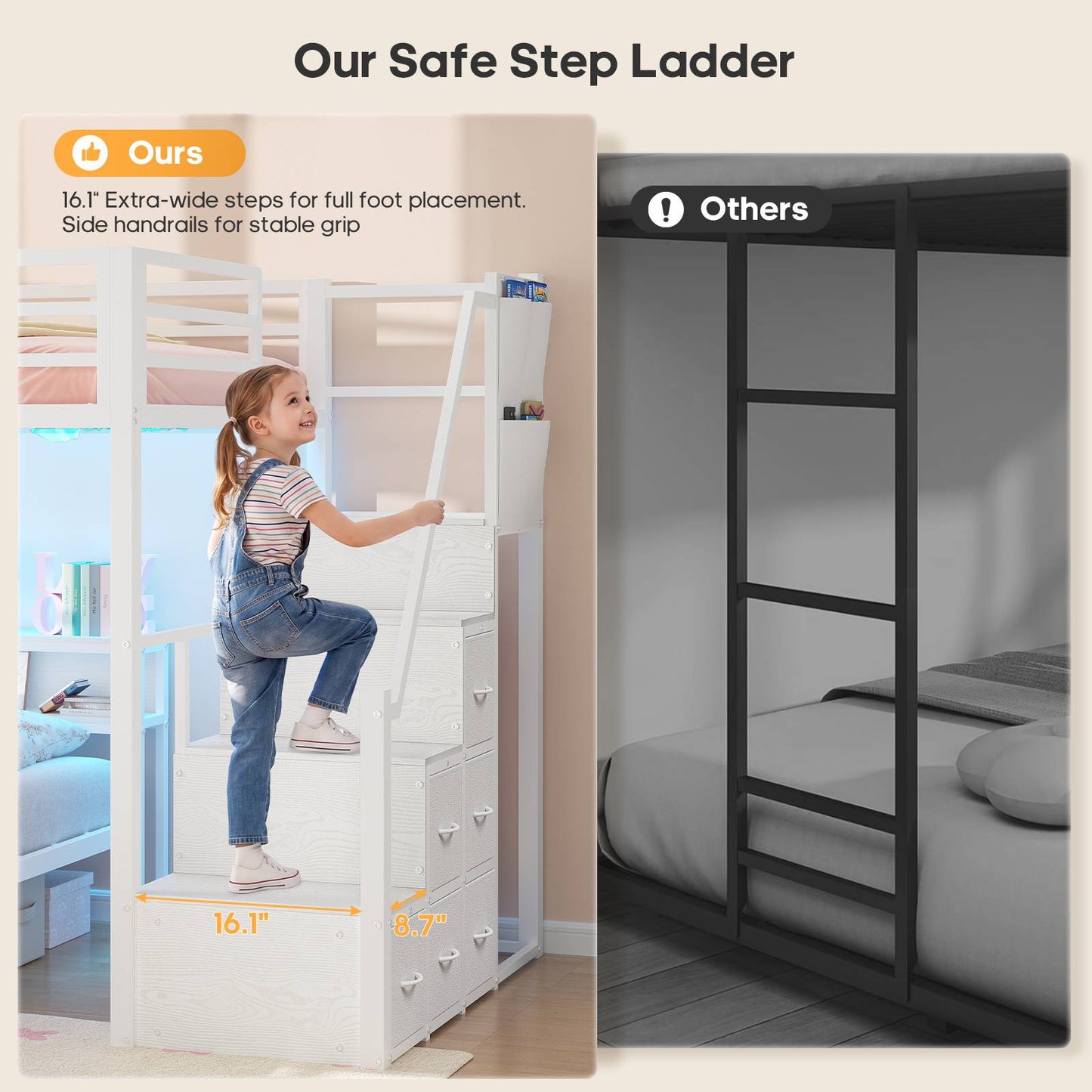ADORNEVE Twin Over Full Bunk Bed with Storage Stairs and 8 Drawers LED Bunk Bed with  Charging Station and Hanging Area Full-length Guardrail