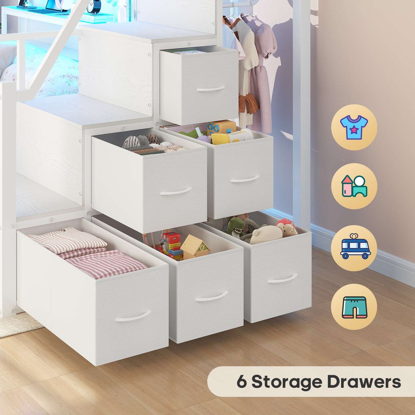 ADORNEVE Twin Over Full Bunk Bed with Storage Stairs and 8 Drawers LED Bunk Bed with  Charging Station and Hanging Area Full-length Guardrail