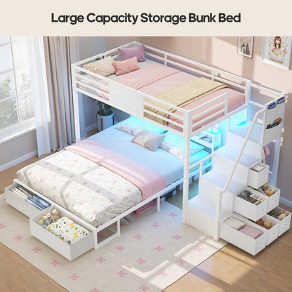 ADORNEVE Twin Over Full Bunk Bed with Storage Stairs and 8 Drawers LED Bunk Bed with  Charging Station and Hanging Area Full-length Guardrail