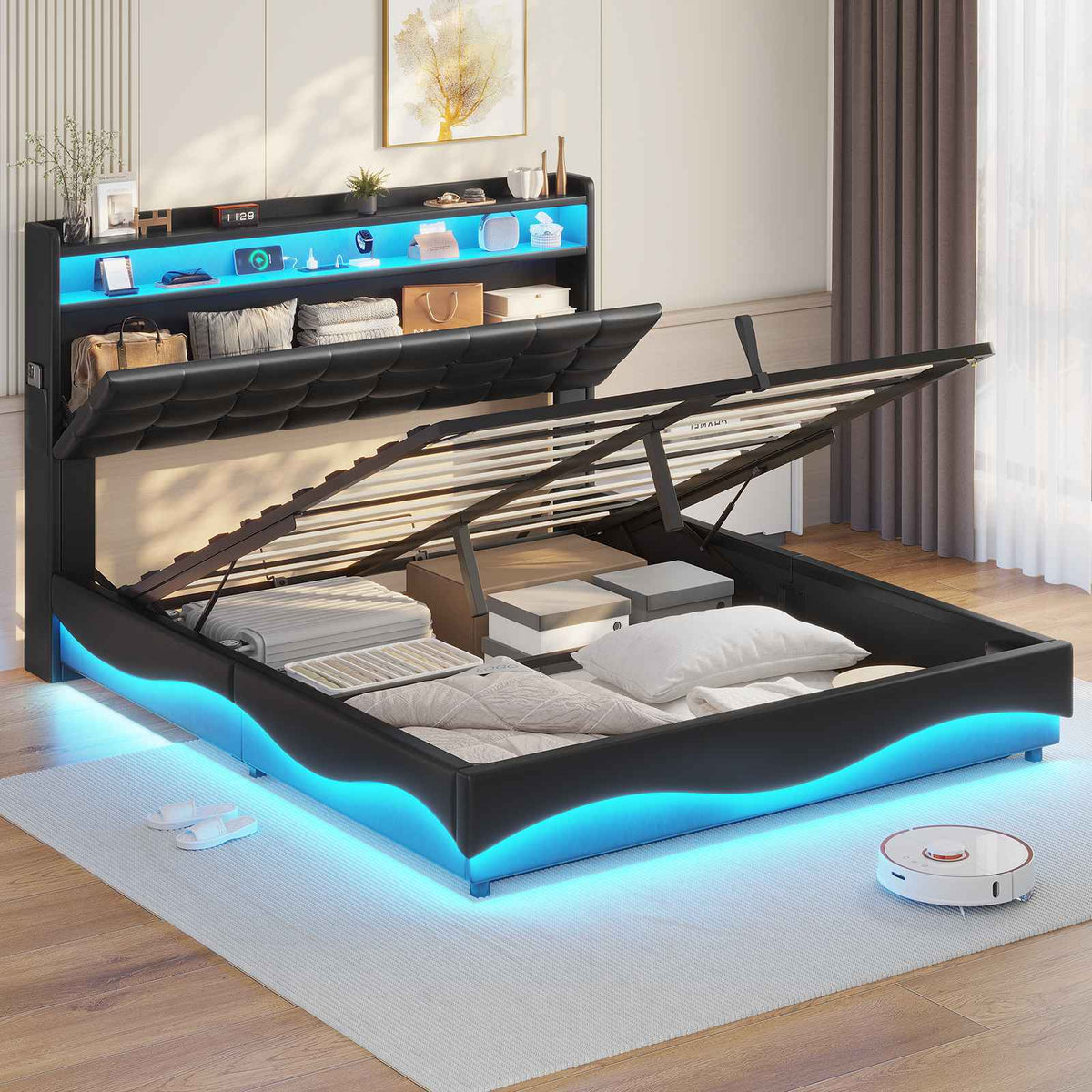 ADORNEVE Lift Up Storage Queen Bed Frame with Hidden Storage Headboard and Charging Station LED Upholstered Platform Bed with Hydraulic