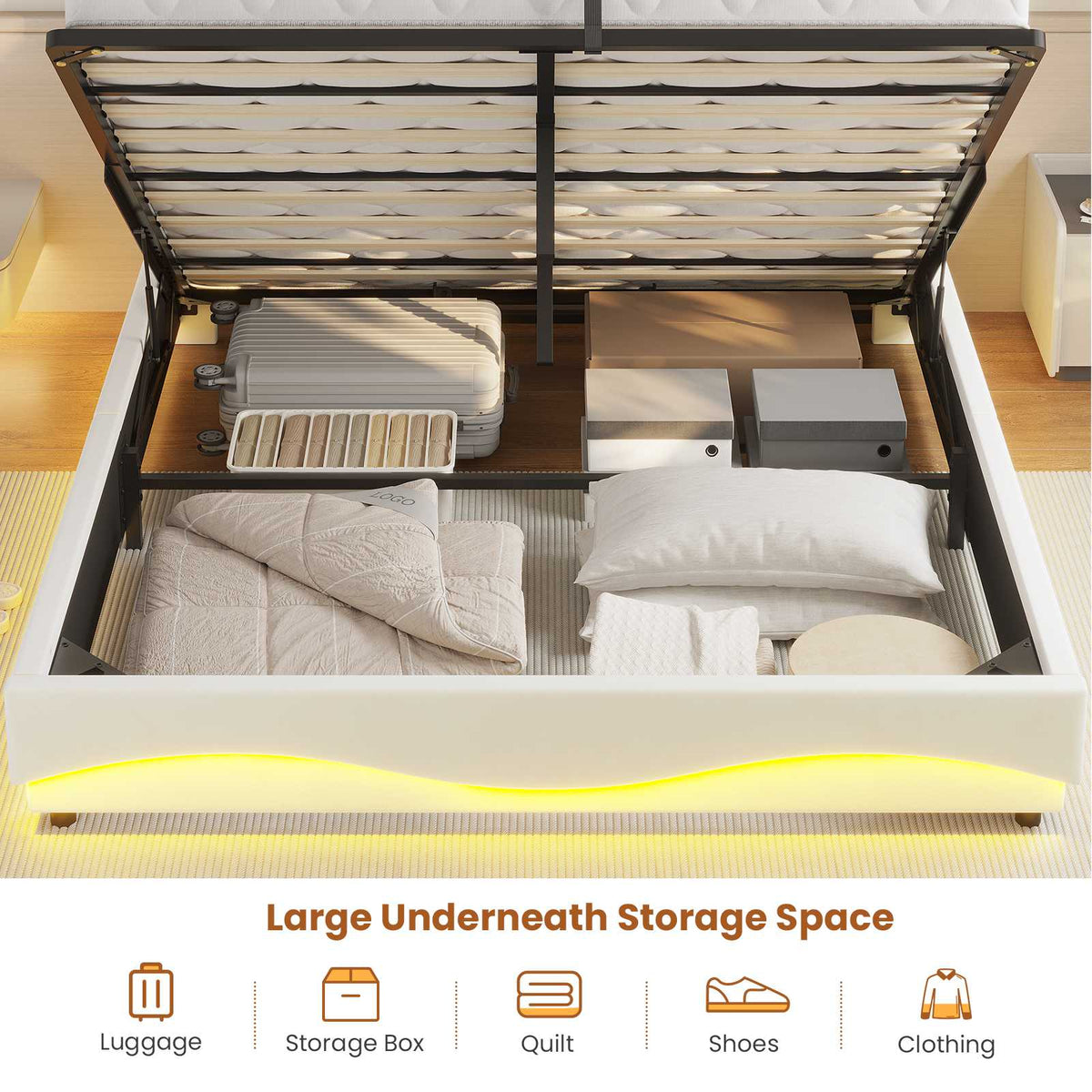 ADORNEVE Lift Up Storage Queen Bed Frame with Hidden Storage Headboard and Charging Station LED Upholstered Platform Bed with Hydraulic