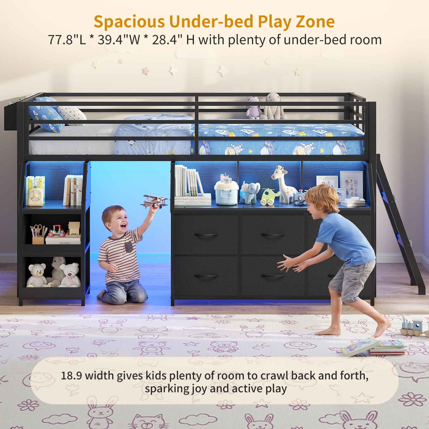 ADORNEVE | Low Loft Bed Twin Size with Storage and Open Bookshelf LED Loft Bed for Kids with 6 Fabric Drawers and Full-Length Guardrail Under-Bed Fun Space