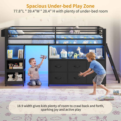 ADORNEVE | Low Loft Bed Twin Size with Storage and Open Bookshelf LED Loft Bed for Kids with 6 Fabric Drawers and Full-Length Guardrail Under-Bed Fun Space