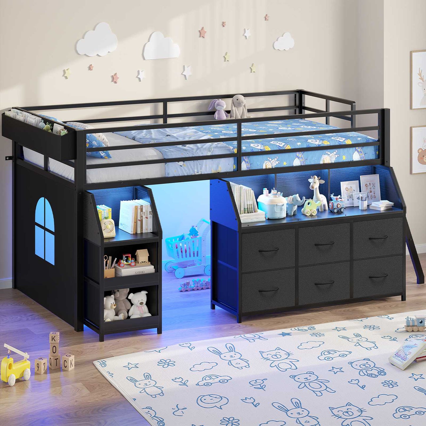 ADORNEVE | Low Loft Bed Twin Size with Storage and Open Bookshelf LED Loft Bed for Kids with 6 Fabric Drawers and Full-Length Guardrail Under-Bed Fun Space