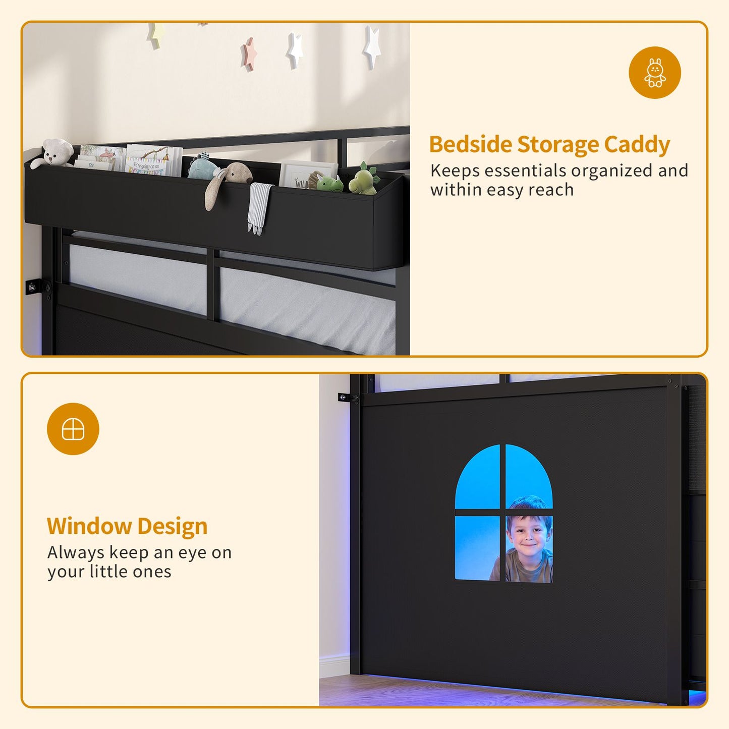 ADORNEVE | Low Loft Bed Twin Size with Storage and Open Bookshelf LED Loft Bed for Kids with 6 Fabric Drawers and Full-Length Guardrail Under-Bed Fun Space