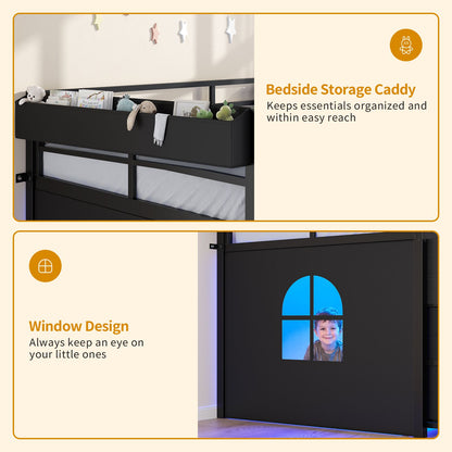 ADORNEVE | Low Loft Bed Twin Size with Storage and Open Bookshelf LED Loft Bed for Kids with 6 Fabric Drawers and Full-Length Guardrail Under-Bed Fun Space