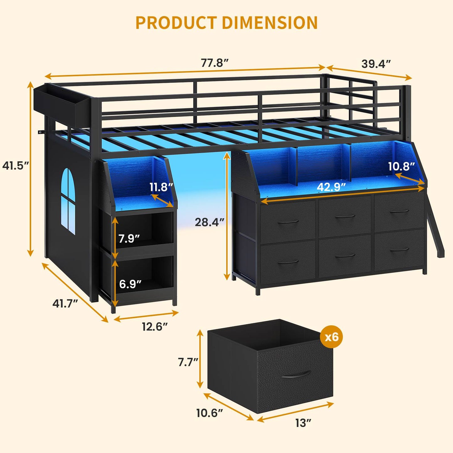 ADORNEVE | Low Loft Bed Twin Size with Storage and Open Bookshelf LED Loft Bed for Kids with 6 Fabric Drawers and Full-Length Guardrail Under-Bed Fun Space