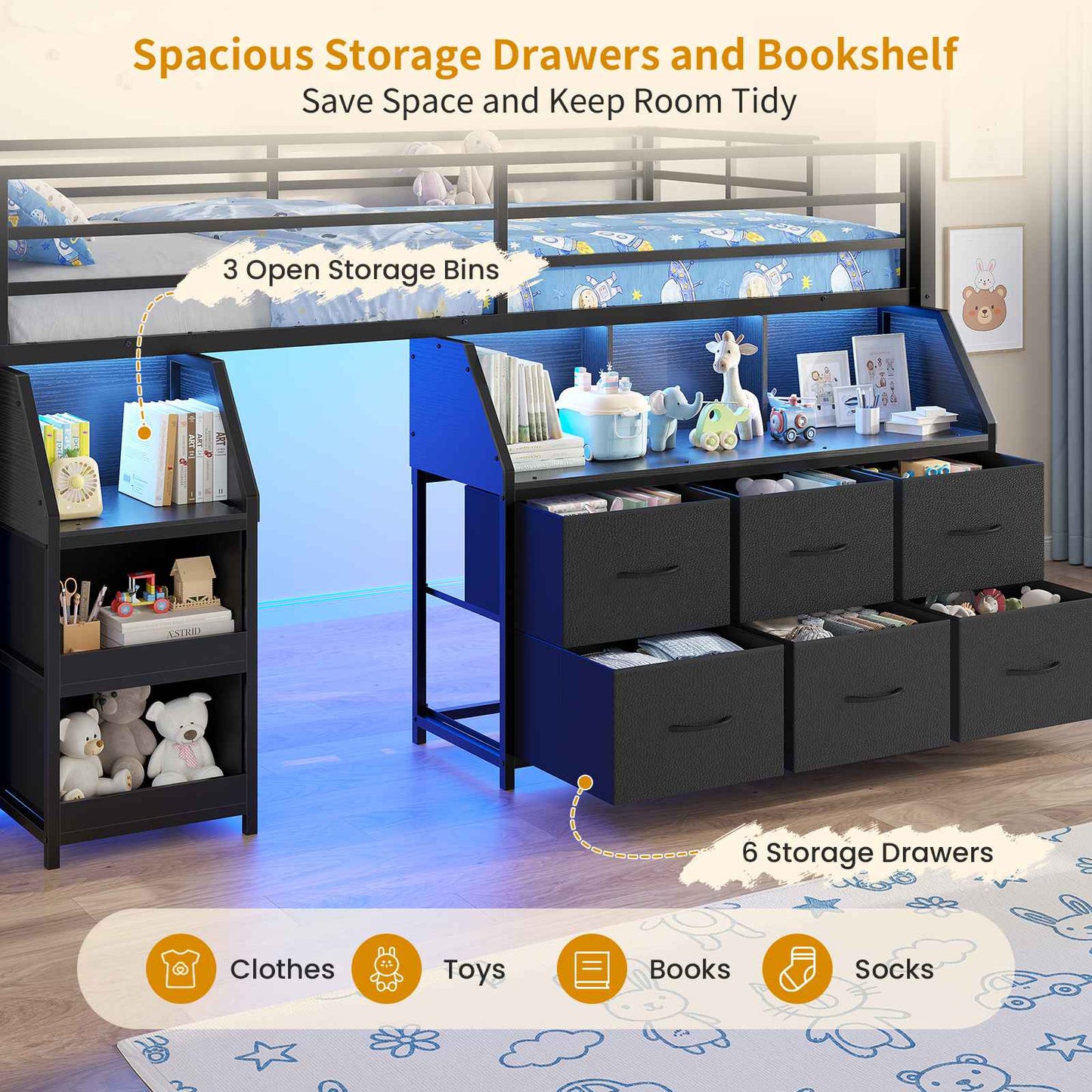 ADORNEVE | Low Loft Bed Twin Size with Storage and Open Bookshelf LED Loft Bed for Kids with 6 Fabric Drawers and Full-Length Guardrail Under-Bed Fun Space