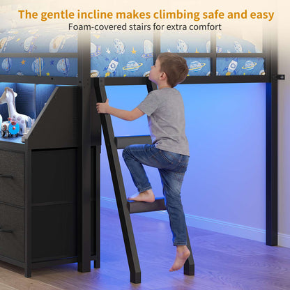 ADORNEVE | Low Loft Bed Twin Size with Storage and Open Bookshelf LED Loft Bed for Kids with 6 Fabric Drawers and Full-Length Guardrail Under-Bed Fun Space